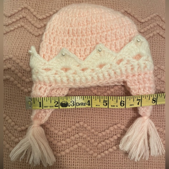 5 for $20-Infant knitted hat with ear covers $ crown with faux pearls.Like new. - Picture 2 of 2